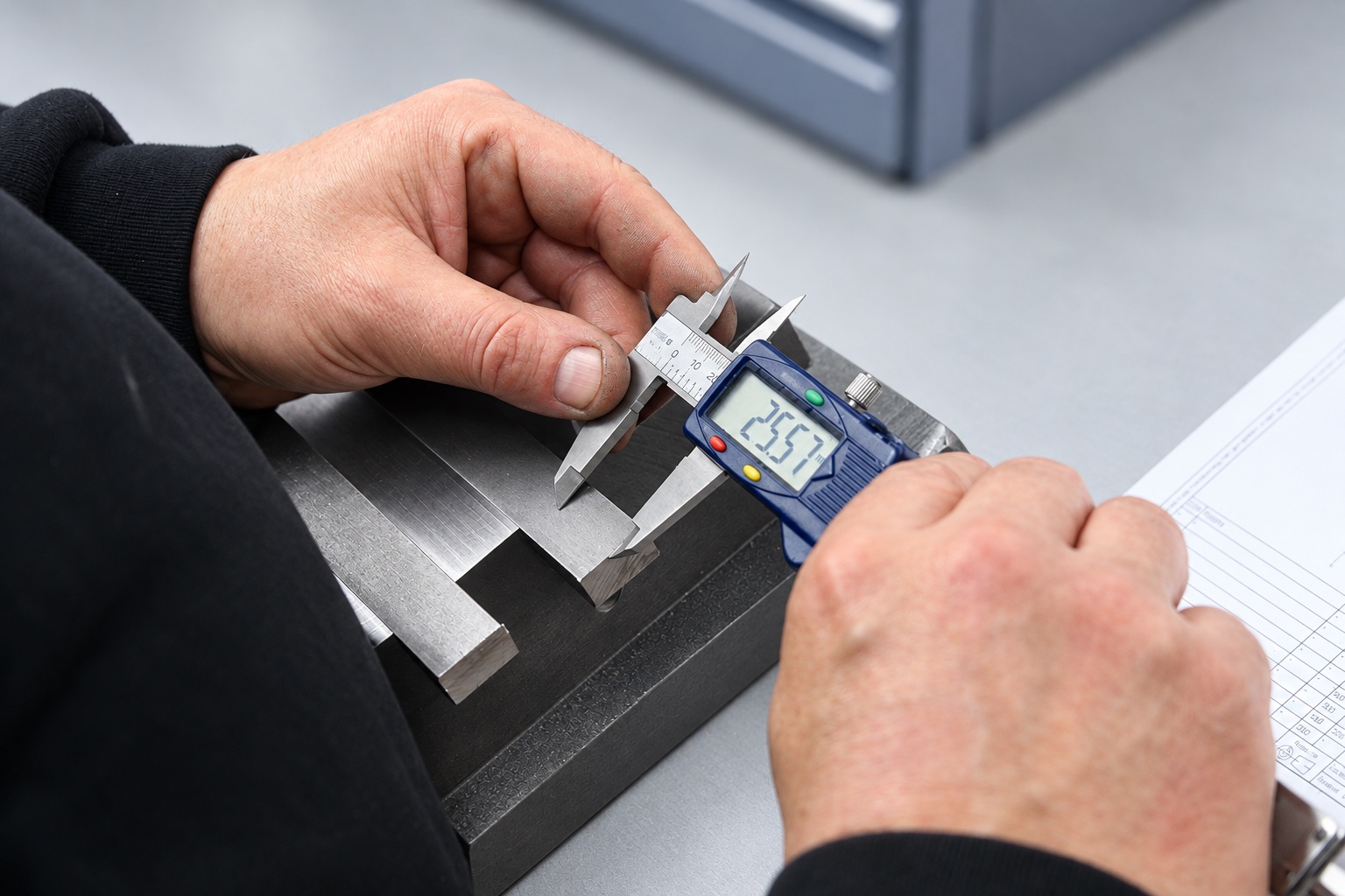 Digital caliper measuring a machined metal component beside an engineering drawing