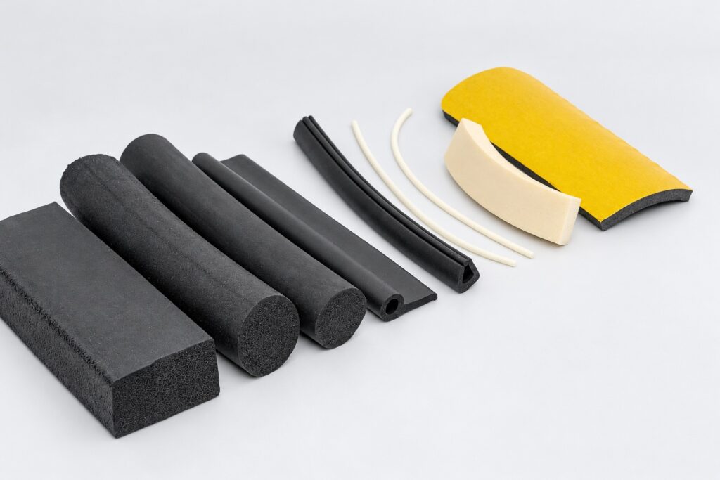 Industrial rubber and foam profile samples on a white surface