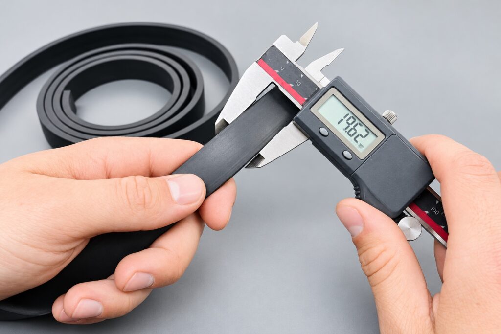 Digital caliper measuring the width of a rubber strip